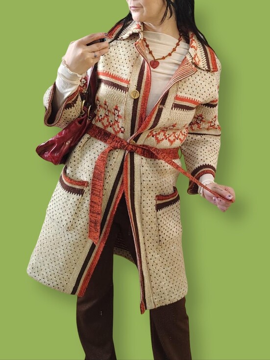 Sears Sweaters - 70s Vintage Cardigan Jacket Medium Large Tie Belted Waist Aztec Southwest Orange